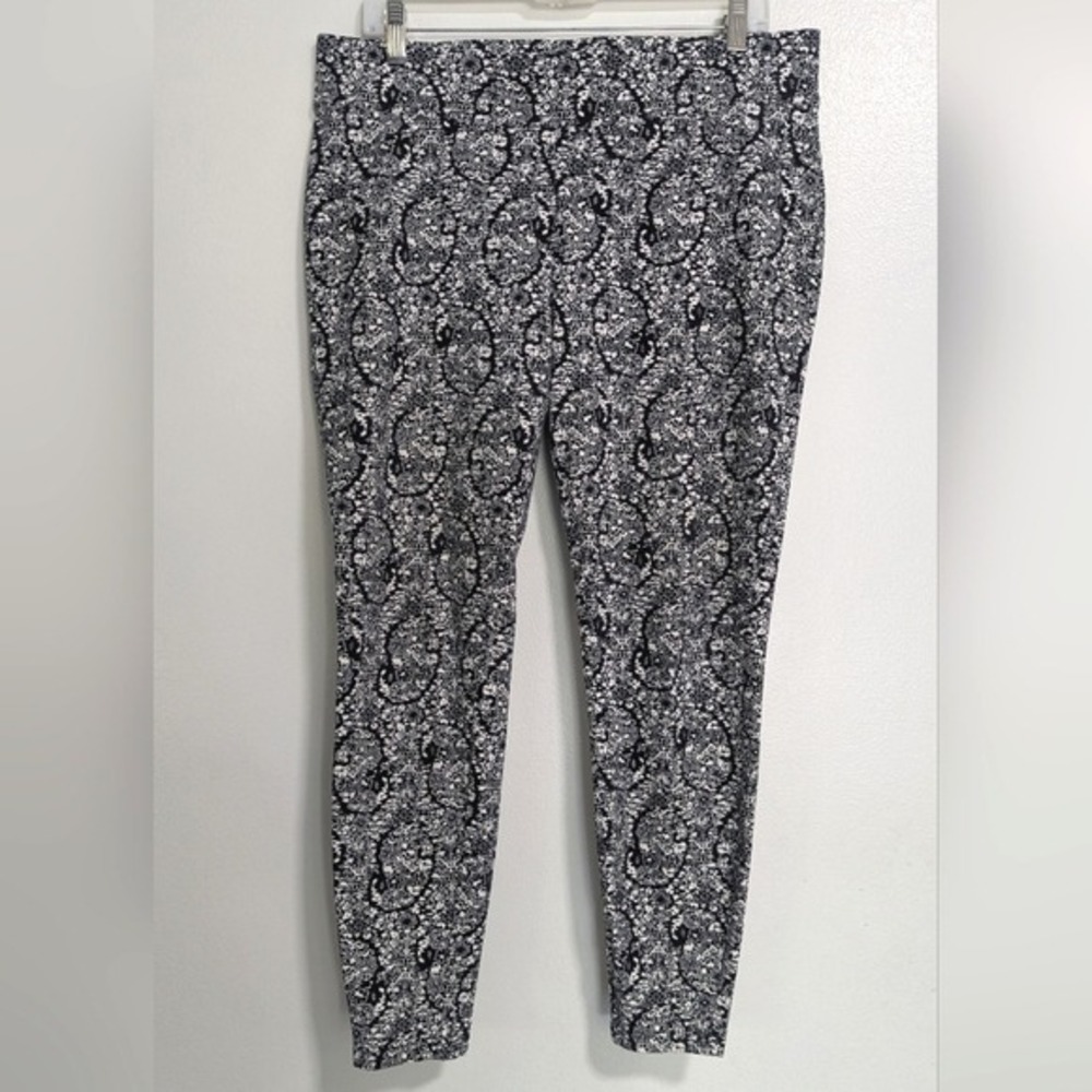 Lands' End Black White Floral Print Pull On Stretch Legging Pant Size Large